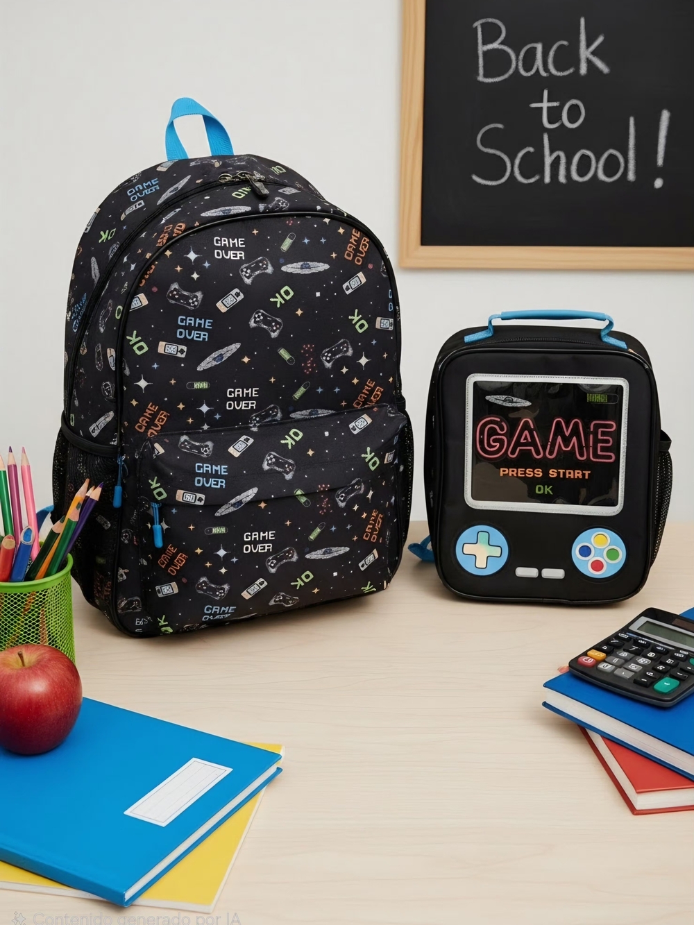 Kids Black Game Print Backpack and Lunchbox Set
